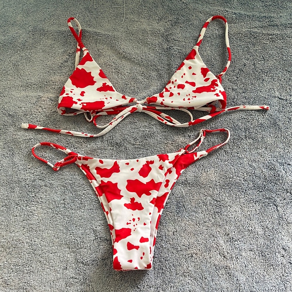 Red cow print Shein bikini.